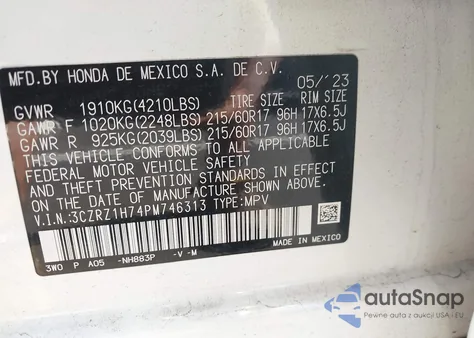 2023 Honda Hr-V 2Wd Ex-L z USA, uszkodzony, nr VIN 3CZRZ1H74PM746313